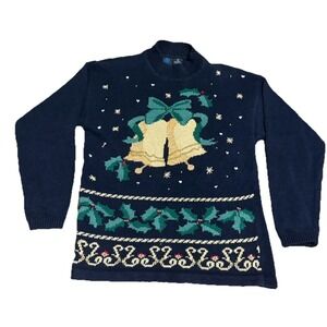 Vintage Beaded Bell Holly Bow Black Gold Ugly Christmas Sweater Small Sparkly‎